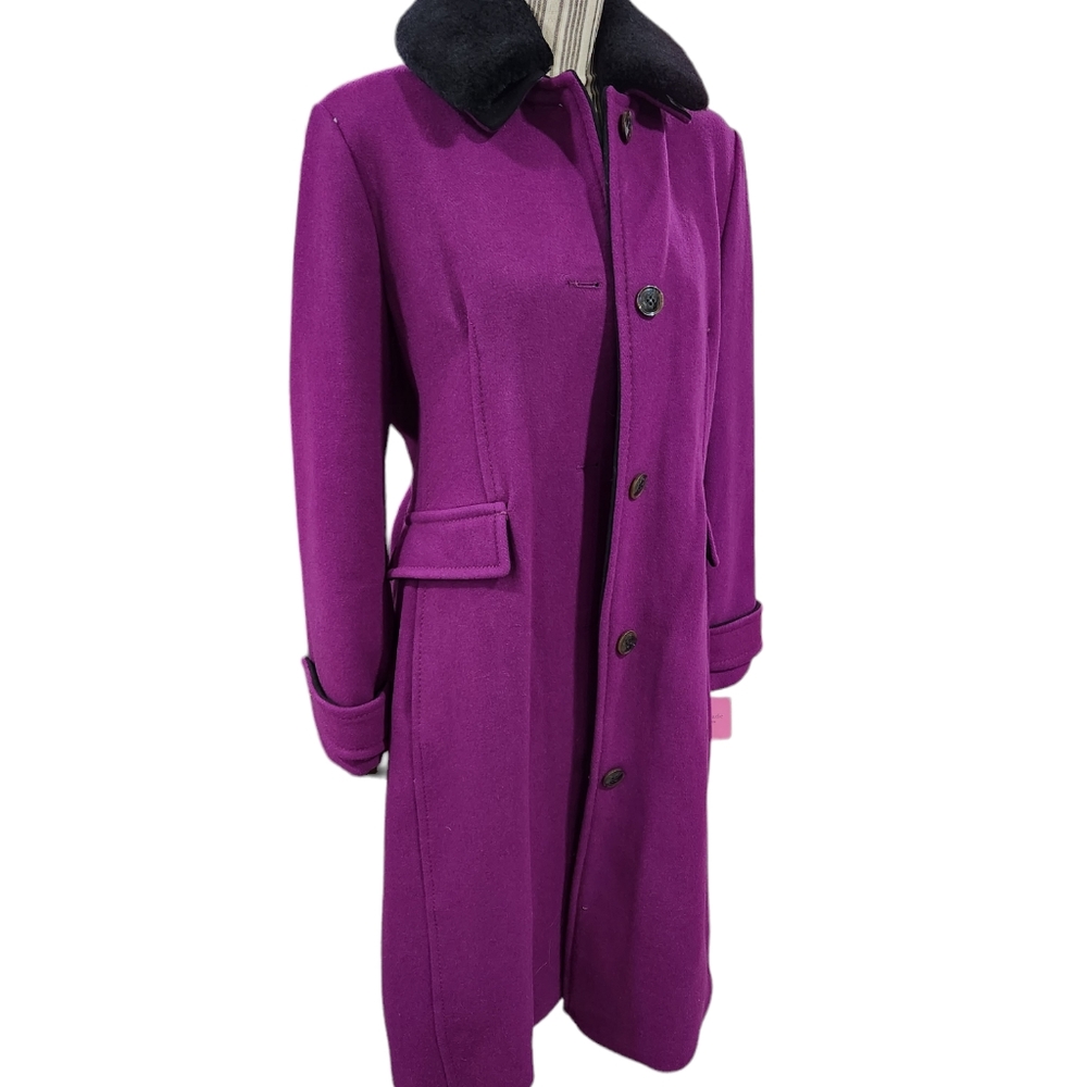 Kate Spade ● Bright Violet Sherpa-Collar Belted Wool-Blend Peacoat - Picture 3 of 9